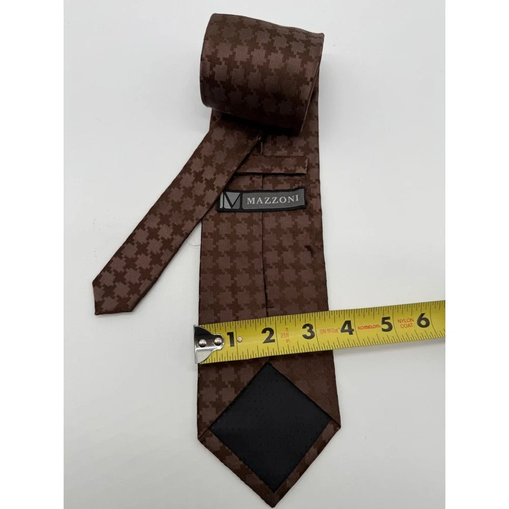 Mazzoni Mens Silk‎ Tie Brown Houndstooth Pattern Jacquard Formal Business